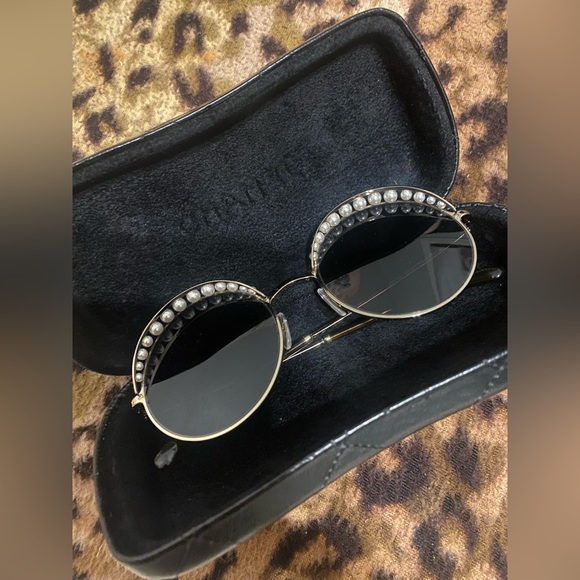 CHANEL Black and Gold Sunglasses with Pearl Detail